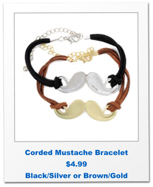 Corded Mustache Bracelet $4.99 Black/Silver or Brown/Gold