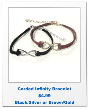 Corded Infinity Bracelet $4.99 Black/Silver or Brown/Gold
