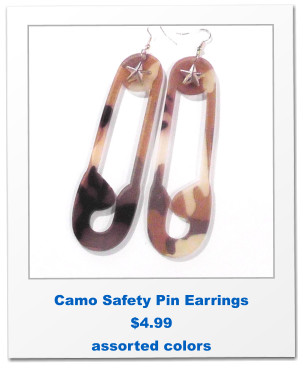 Camo Safety Pin Earrings $4.99 assorted colors