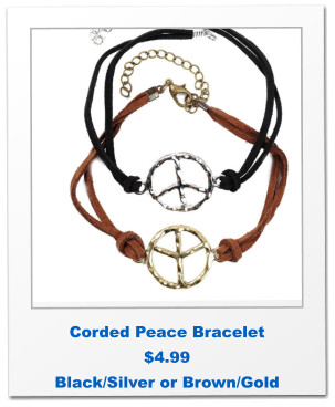 Corded Peace Bracelet $4.99 Black/Silver or Brown/Gold